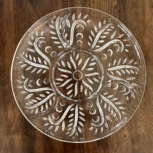 Vintage Mid-Century Modern divided cut glass relish dish crystal clear scrolls
